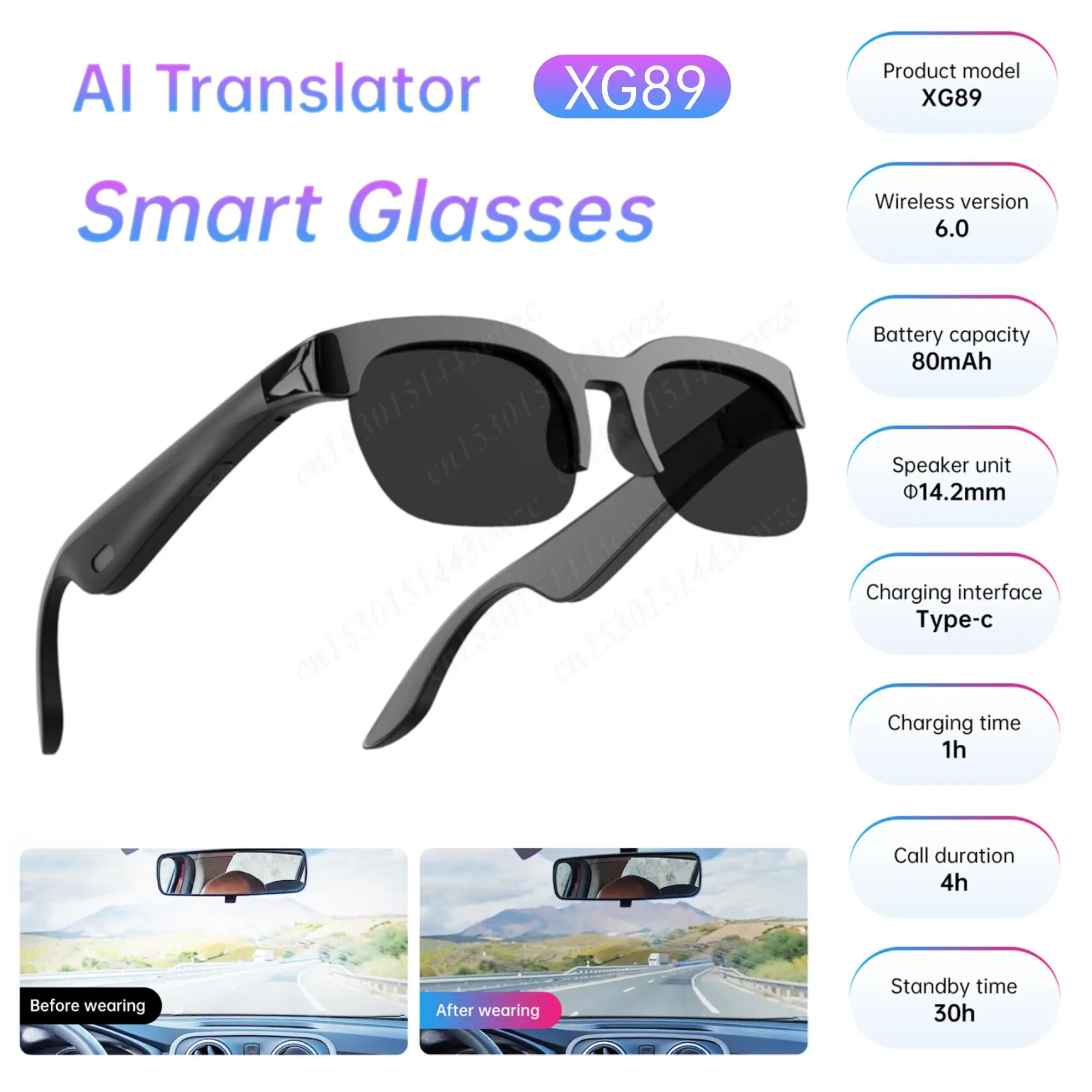 

XG89 Sunglasses UV Protection AI Intelligent Translation Bluetooth Glasses Hands-Free Music & Calls Smart Glasses for Men/Women