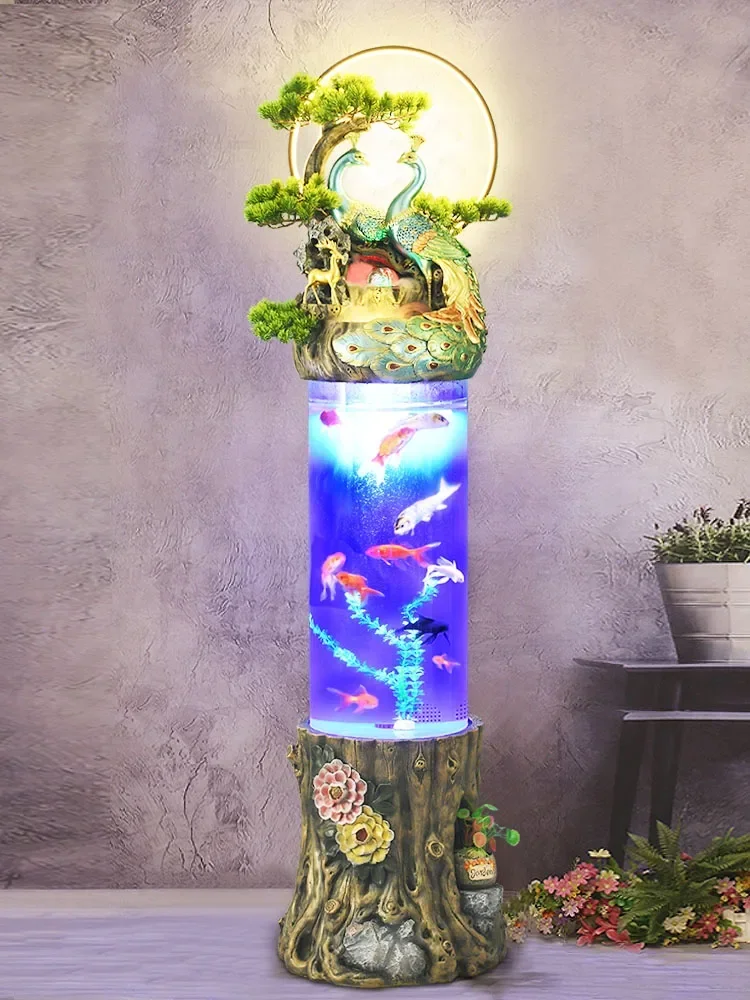 

New Chinese style peacock creative water fountain water feature cylindrical goldfish tank living room