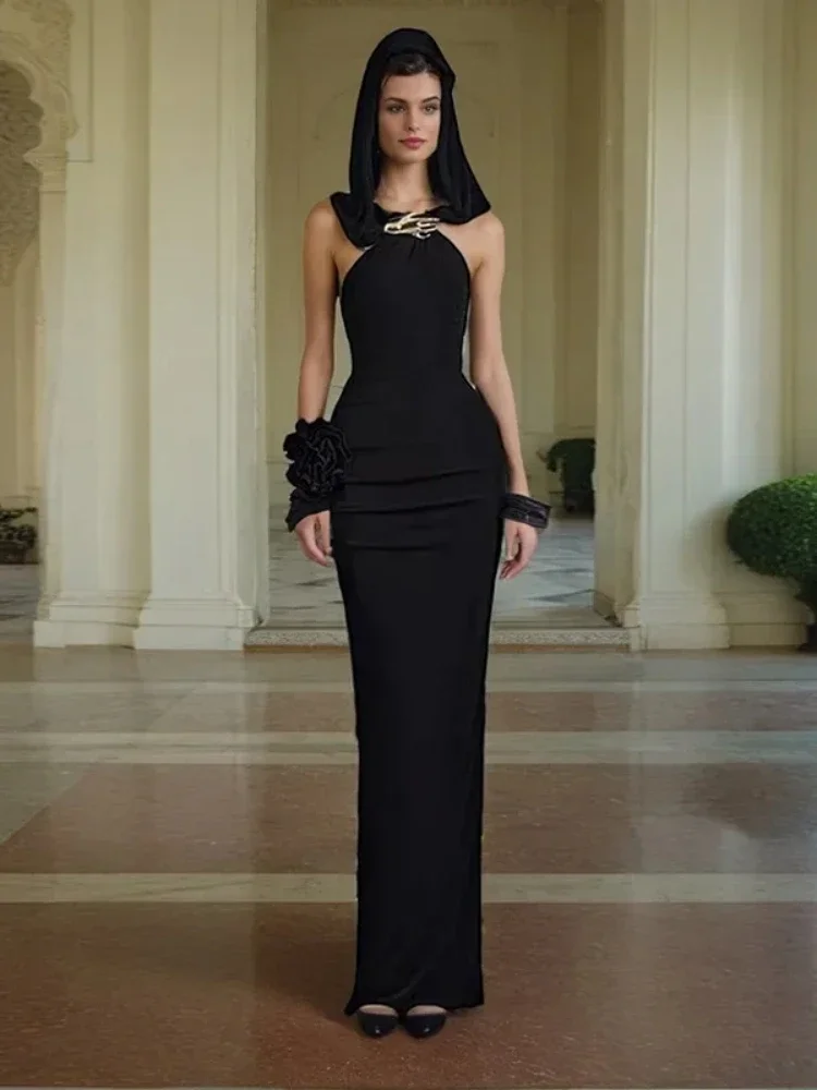 

Sexy Hooded Design 3D Flower Patchwork Long Dress Women Black Sleeveless Backless Meatl Hand Pin Bodycon Dresses Evening Party