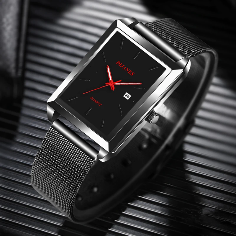 2023 Fashion Men's Watches for Men Rectangle Stainless Steel Mesh Belt Quartz Wrist Watch Man Casual Leather Watch reloj hombre