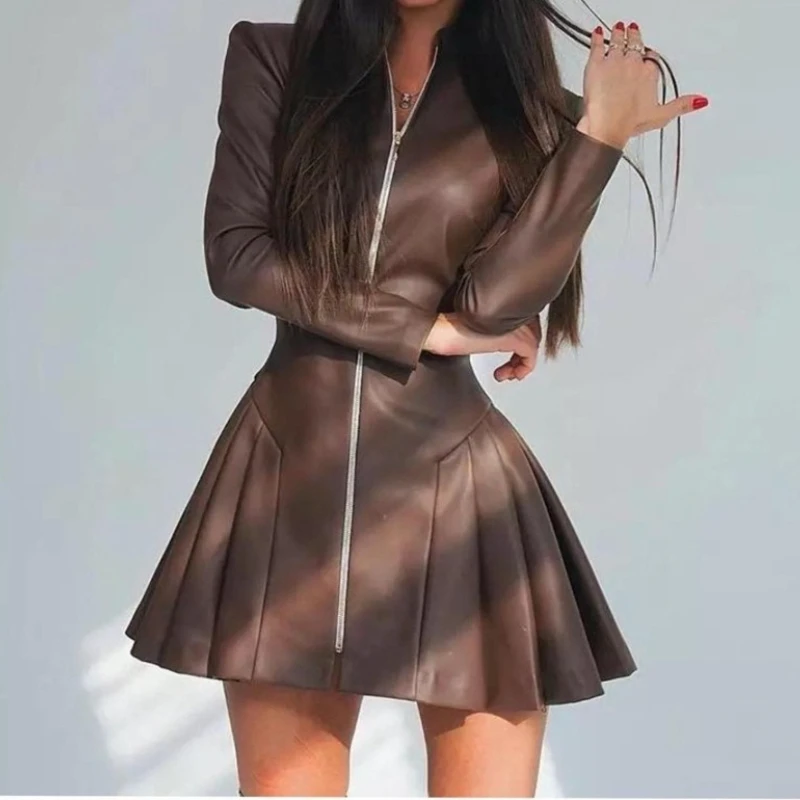 

Casual Long Sleeve Ruffle PU Leather Dress Office Elegant Pleated Short Dress Autumn Winter Women's Stand Collar Zipper Dresses
