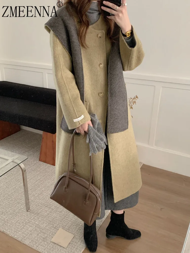 

ZMEENNA Womens Elegant Color Block Wool Blend Long Coat With Attached Scarf Hood Stylish Winter Outerwear ZM3698