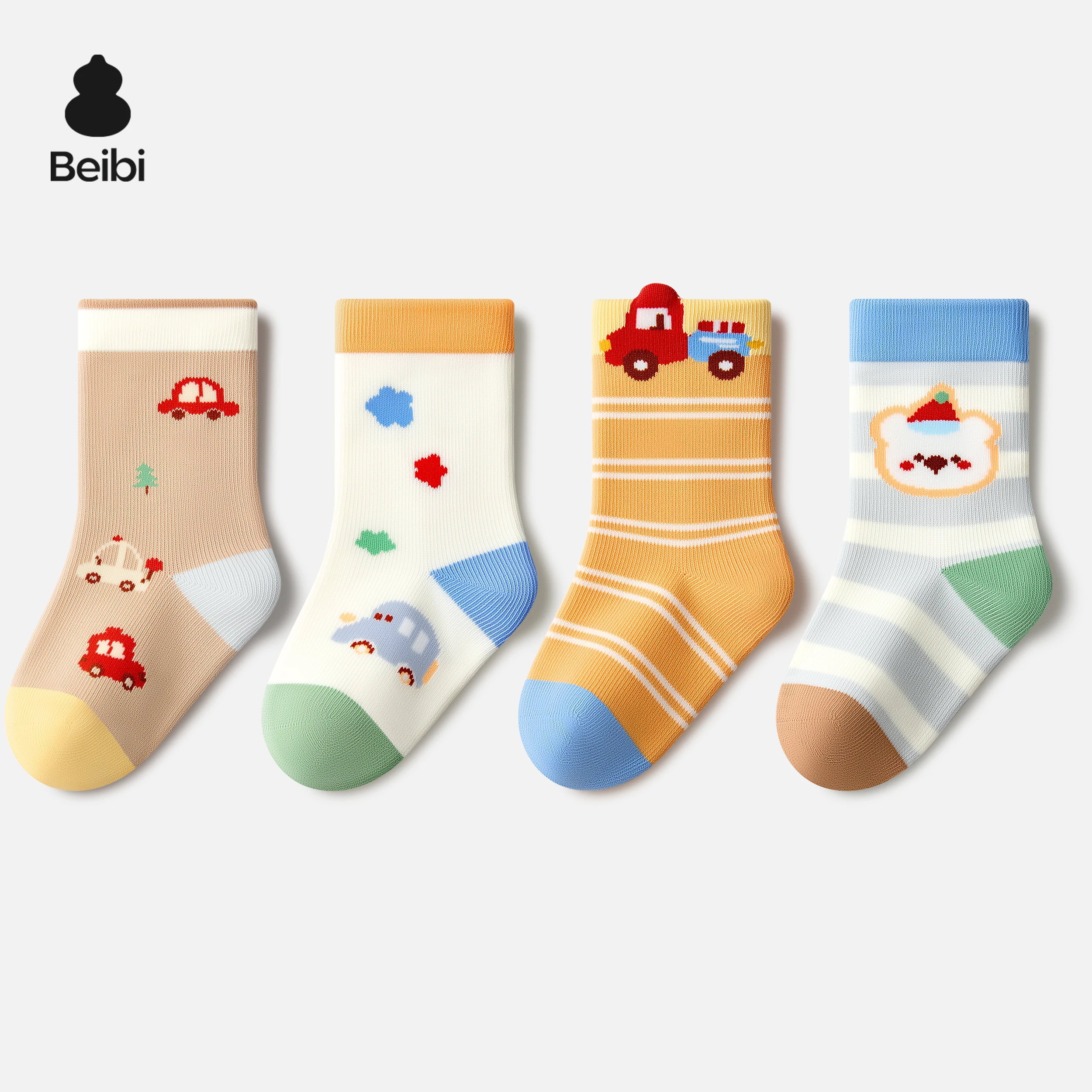 

Beibi 4-Pair Pack Boys' Fun Cartoon Mid-Calf Socks, All-Season Use, Suitable for Ages 0-6