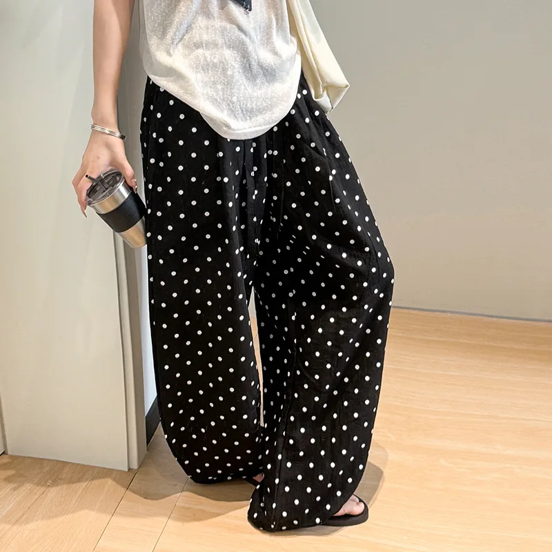 XIZOU Casual Black Long Dot Pants Women Street Chic Low Waist Wide Leg Pants Autumn Fashion Flax Loose Trousers 2025 Fall