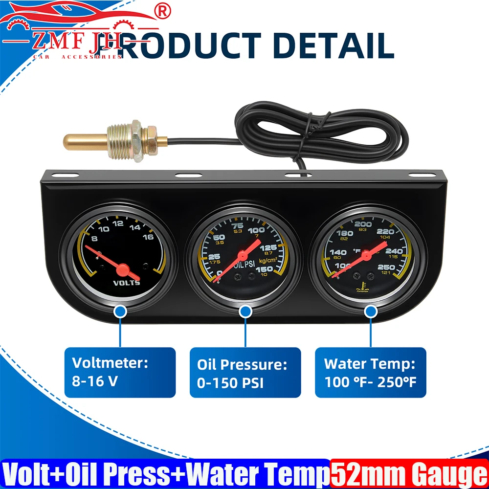 

ZMFJH 52 мм тройной метр с сенсорным кронштейном-указателем 3IN1 напряжение + манометр масла + датчик температуры воды для гоночного автомобиля 12 В