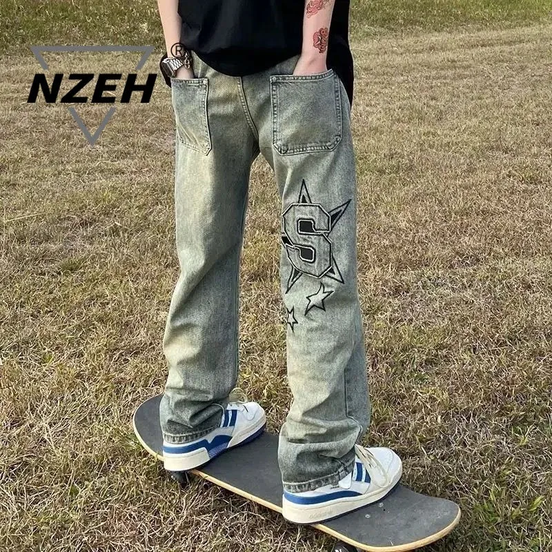 high quality American Style High Street Old Embroidered Jeans Men's Trendy Brand Street Loose Straight Long Pants