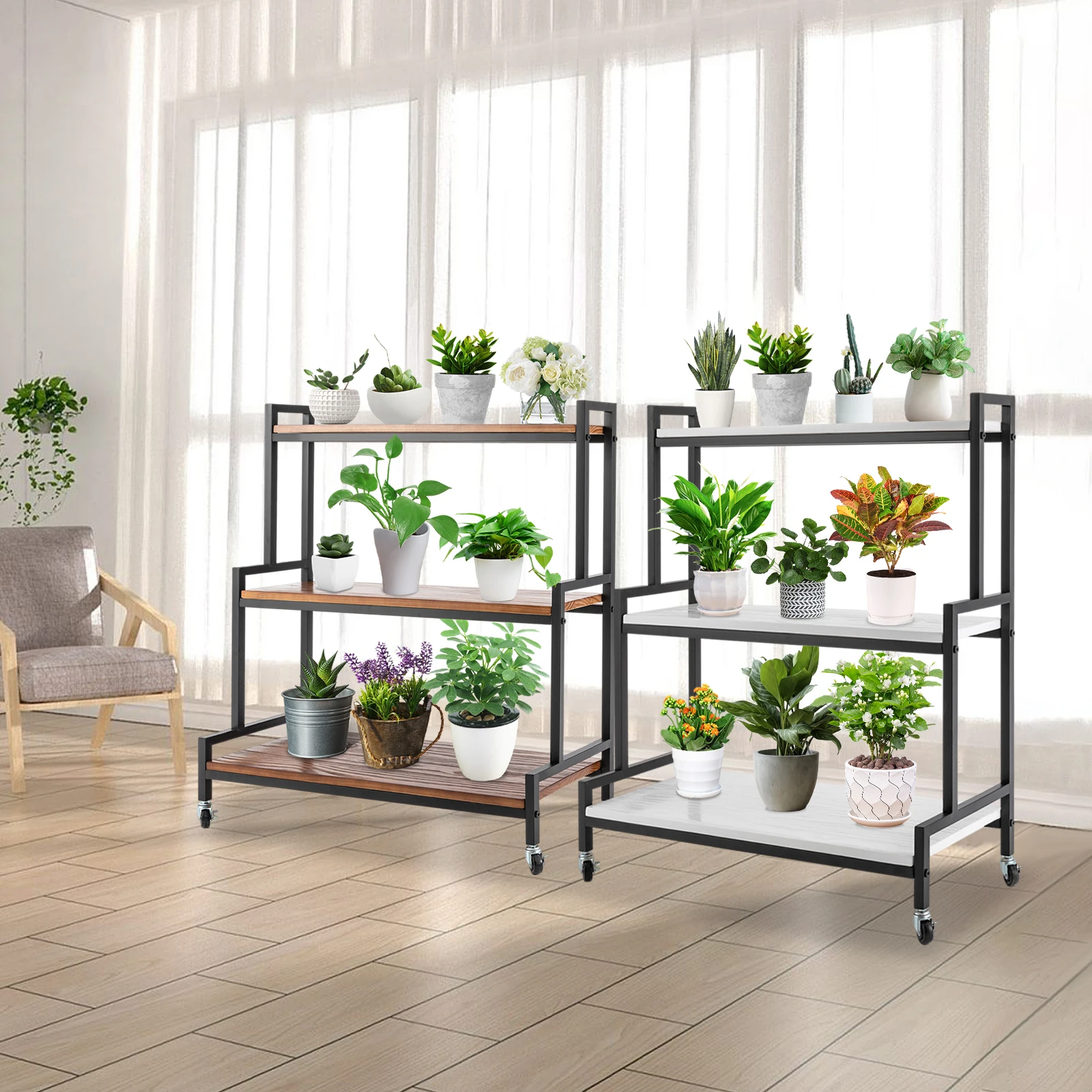 3 Tier Plant Flower Rack W/Wheels Mobile Floor Standing Storage Planter Shelf Detachable Adjustable Multiple Plants Storage Rack