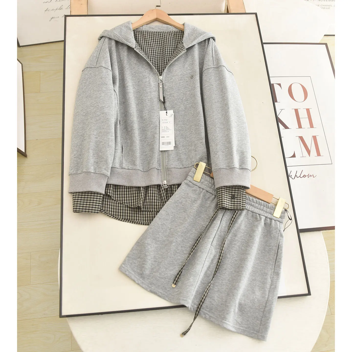 Casual Plaid Patchwork Hoodie And Skirt Set Women's Autumn Fashion Two-Piece Suit Long Sleeve Bird Miu Style Loose Comfortable