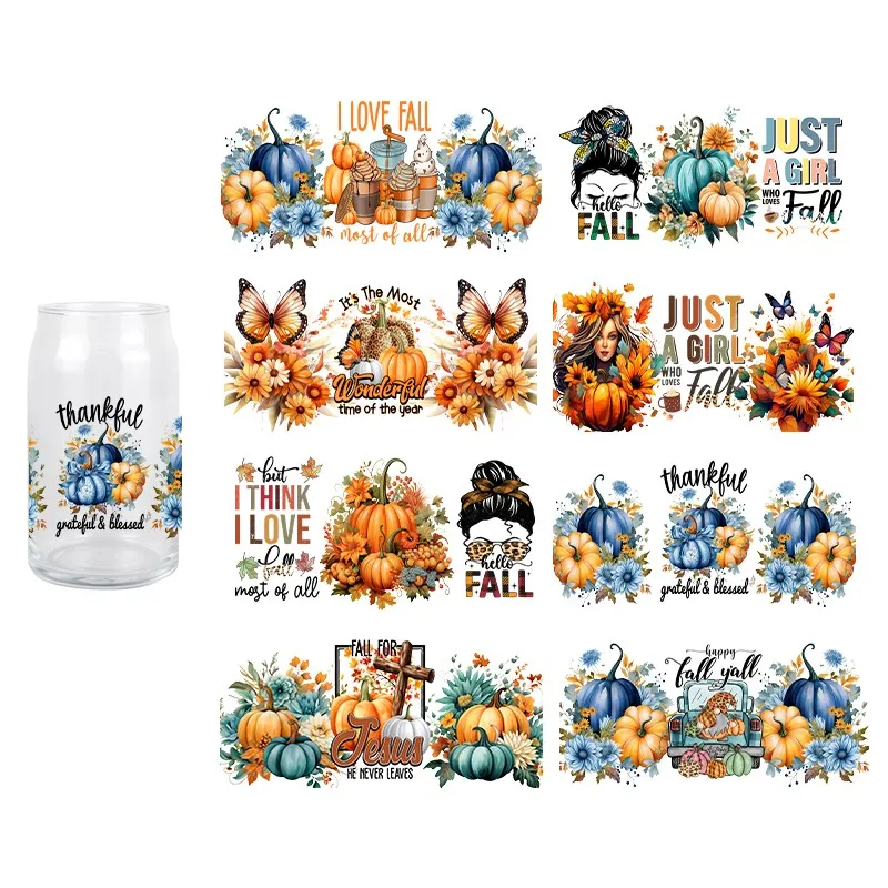 UV Fall Pumpkin Thanksgiving DTF Transfer Sticker For Wraps Cup Waterproof Durable High Qualiyu 3D Dcals UV DTF