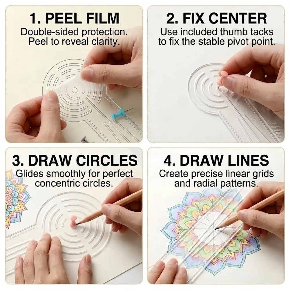 Durable Mandala Drawing Stencil Acrylic Transparent Geometry Pattern Ruler Math Geometry 3-in-1 Compass Protractor Ruler