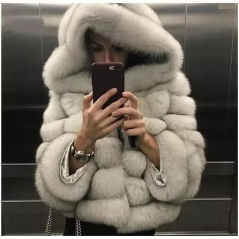BWQ American Fashion Fur Coat with Hat and Patchwork Coat Imitating Fox Fur Solid Color Loose Casual Jacket Female Clothing