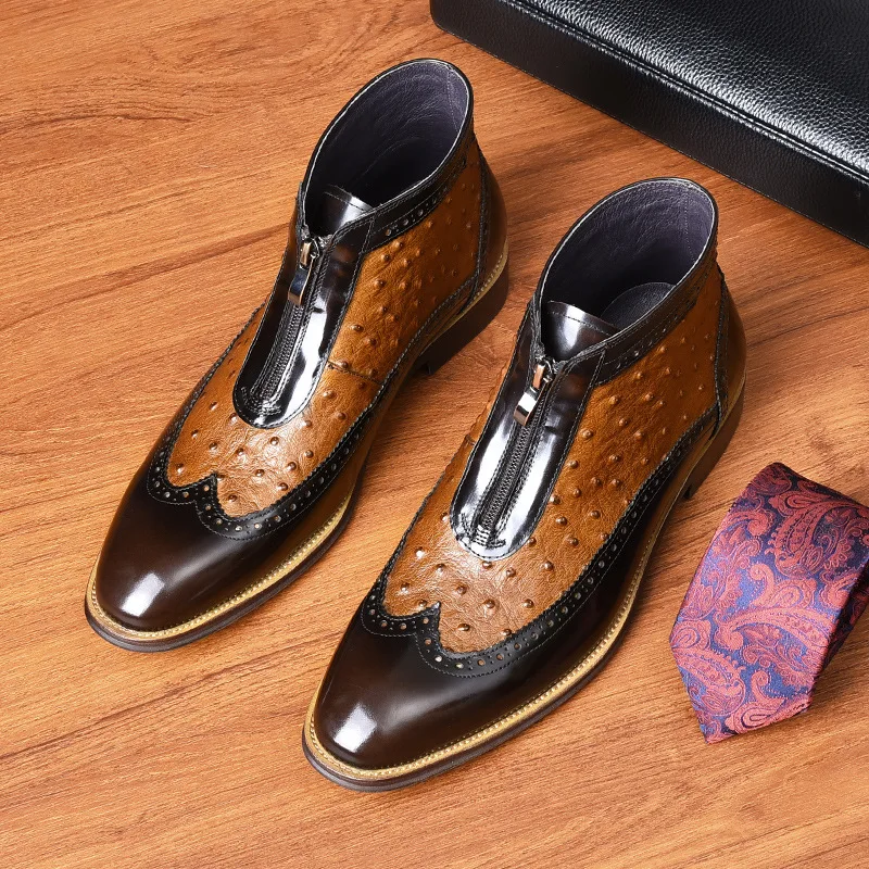 

Men’s Genuine Cow Leather Boots Banquet Business Suits Zip Cowhide Black Luxury Shoes Man Winter