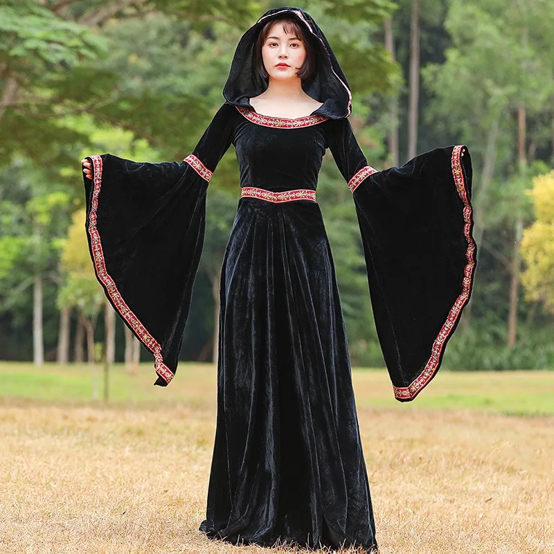 زي ساحرة مصاص الدماء في العصور الوسطى بأكمام طويلة فستان المحكمة القوطية زي أداء المسرح التاريخي مع تفاصيل من الدانتيل #4