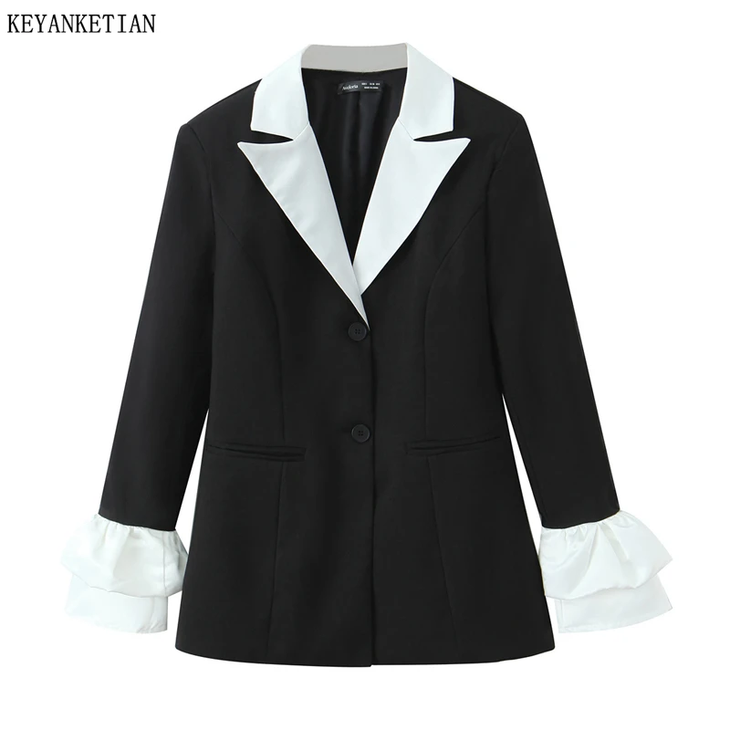 KEYANKETIAN 2026 New Women's Black White Contrast Blazer ElegantFlare Ruffle Cuff Long Sleeve Suit Jacket Office Lady Coat Top