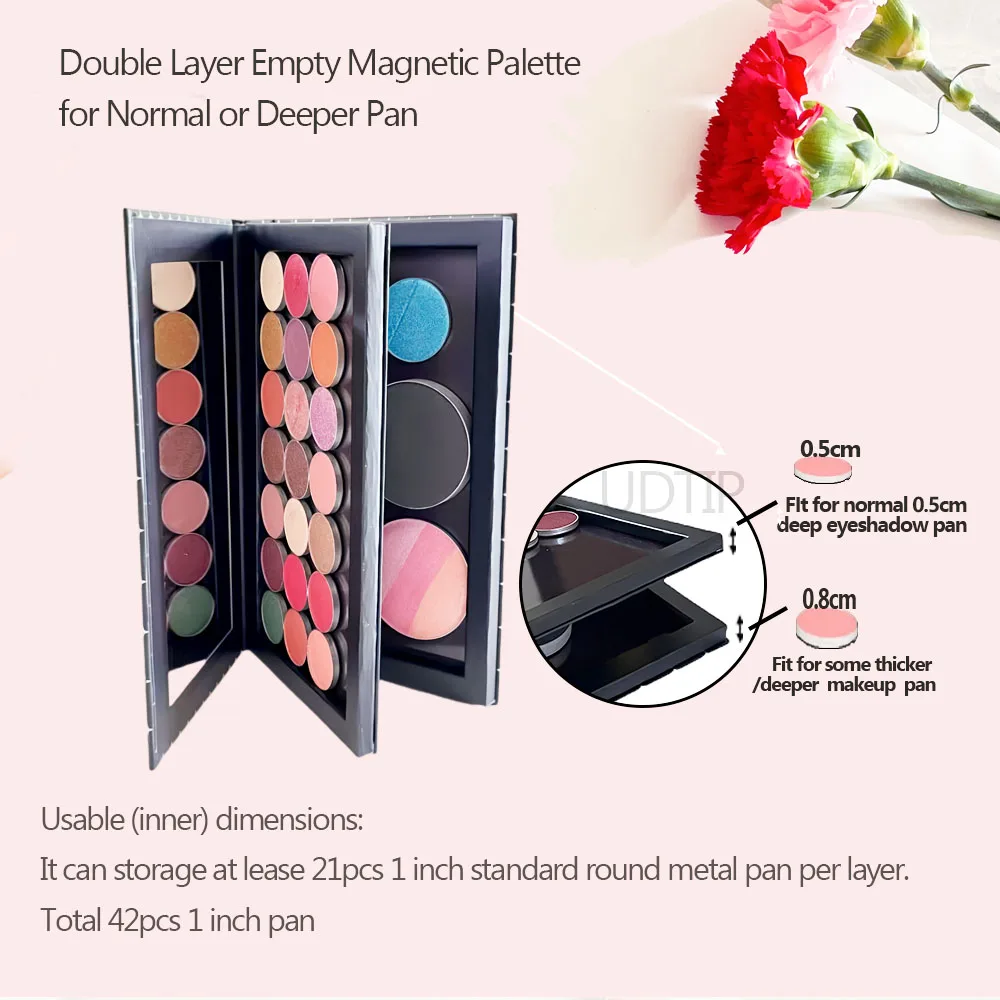 Double Side 2 Layer Book Shape Empty Magnetic Eyeshadow Makeup Palette with Mirror,Fits Standard and Deep Pans