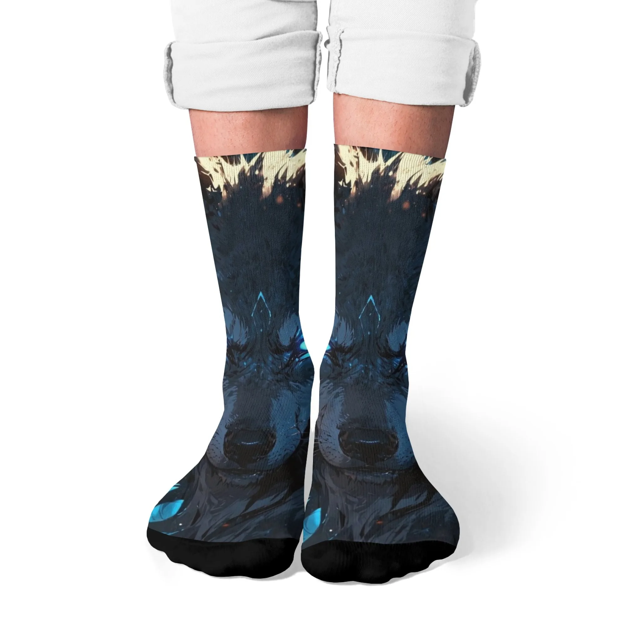 Dark Fantasy – chaussettes mi-mollet loup électrique, reflets tranchants, tissage de loup électrique bleu, cadeau pour tenue quotidienne et rassemblement de niches