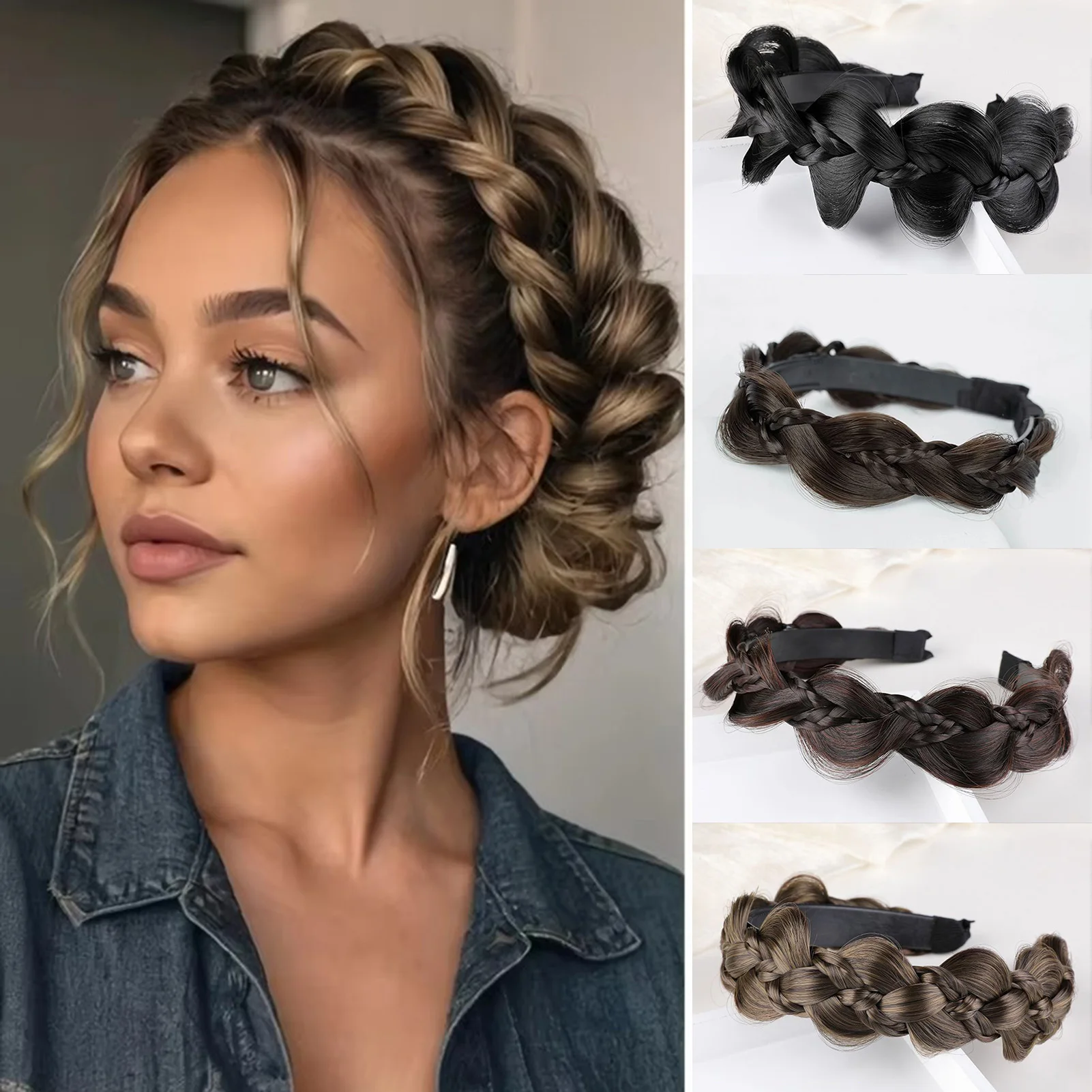 Double Braids Hairband Pre-styled Synthetic Wig Headband Clip-in Fishtail Braid Hair Topper No Glue Hair Accessory Braided Wig