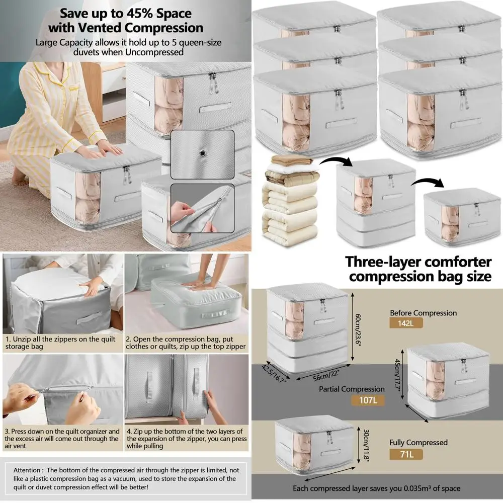 

Space-Saving 6-Pack Comforter Storage Bag with Handle, 3-Size Adjustable Compression Bags for Bedding, Pillows, and Plushies