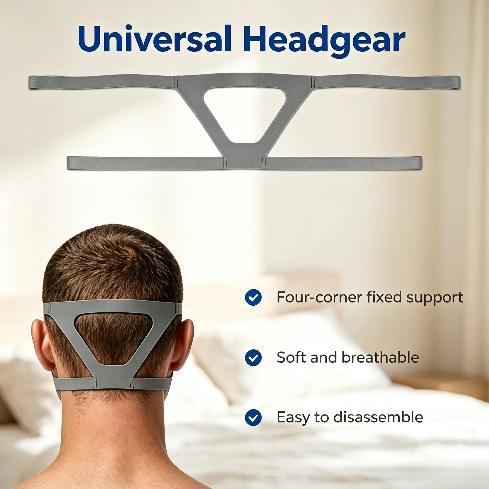 Universal CPAP Head Strap , Four-corner Headband Adjustable Tightness Removable Ventilated Sweat Absorbing Headgear Head Strap