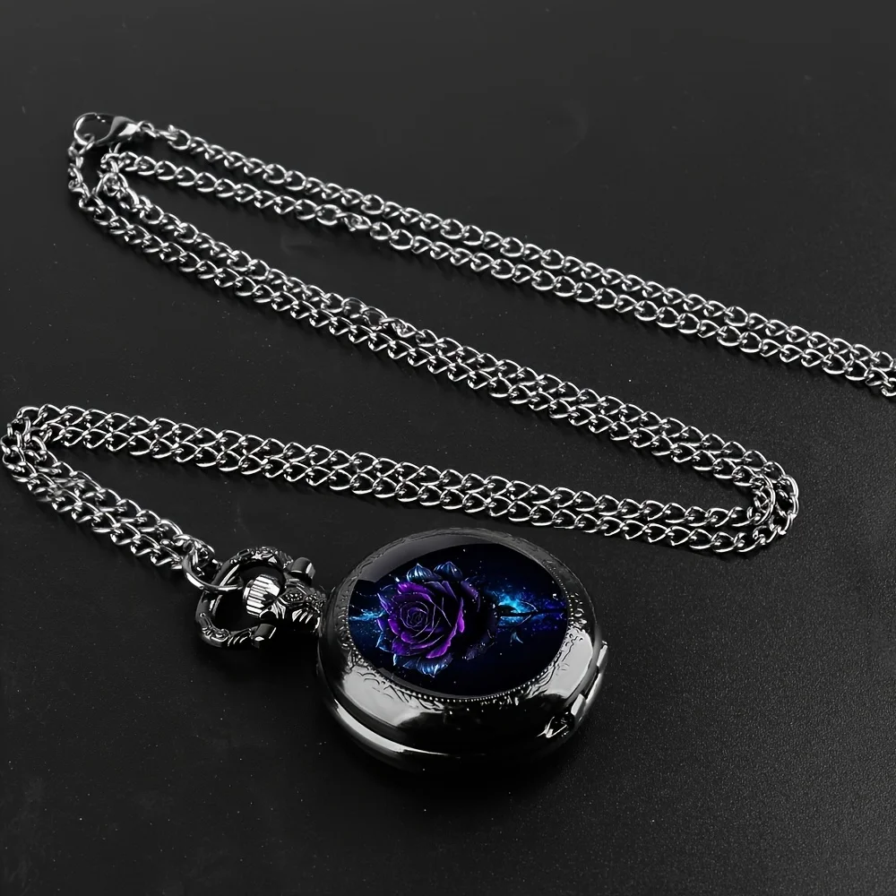 Retro Purple Rose Quartz Pocket Watch, Black Necklace Pocket Watch For Men And Women