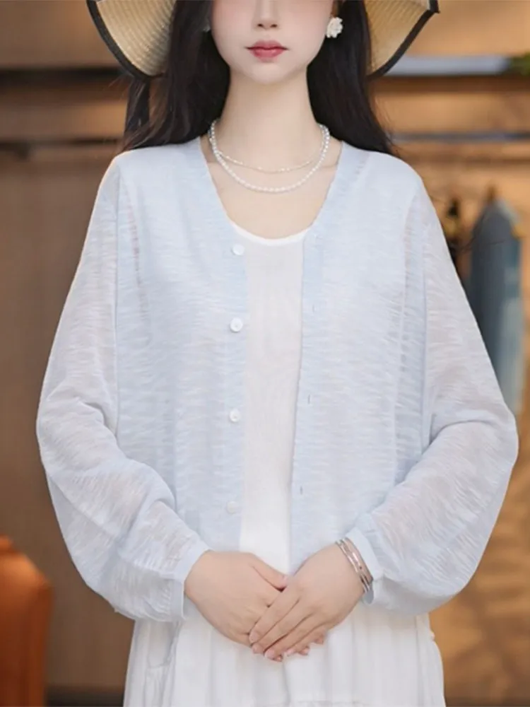 

Blue V-Ne Knitted Open Cardigan Women's Casual Sle Sun Protection Sweater Outerwear Spring Summer New Arrival Loose Fit