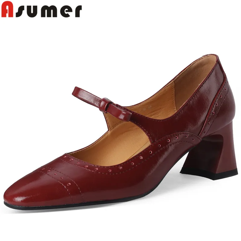 

ASUMER 2024 New Size 33-42 Genuine Leather Shoes Woman Butterfly Knot Ladies Pumps Slip On Thick High Heels Single Shoes