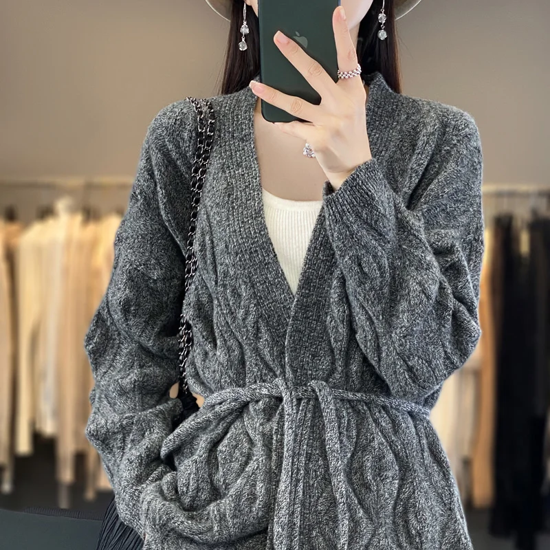 Autumn/Winter New 100% Merino Wool Clothing Women\'s V-Neck Lace Cardigan Casual Loose Knit Underspool Jacket Fashion Korean Tops