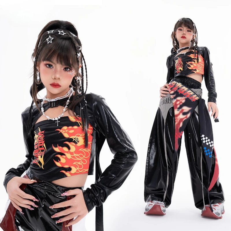 

New Modern Jazz Dance Costume Girls Black Tops Leather Pants Kpop Hip Hop Performance Clothes Group Concert Stage Show Outfit