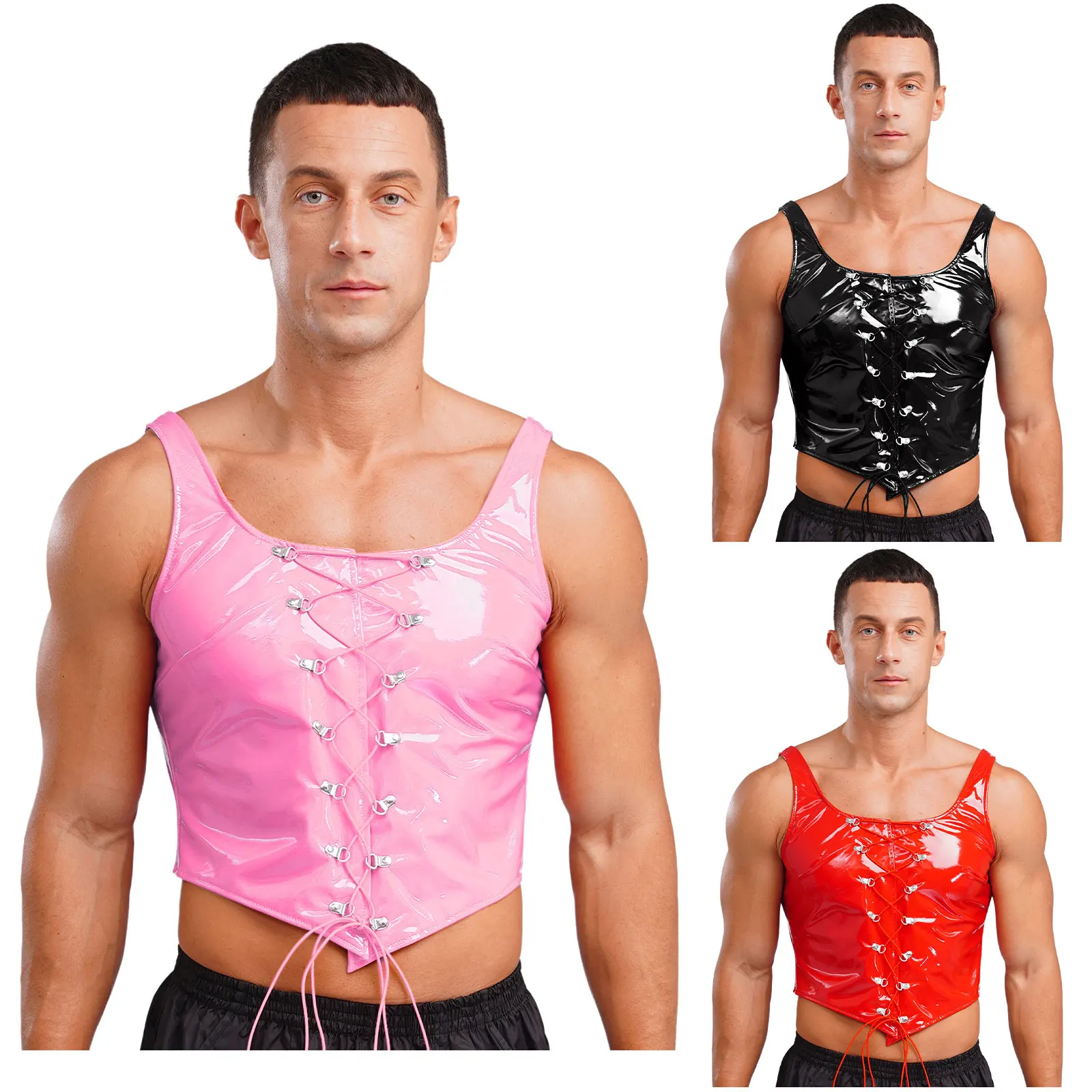 Atasan Rompi Potong Hem Tidak Beraturan Ritsleting Belakang Berenda Dapat Disesuaikan Tanpa Lengan Kulit Paten Tampilan Basah Pria untuk Klub Malam Pesta