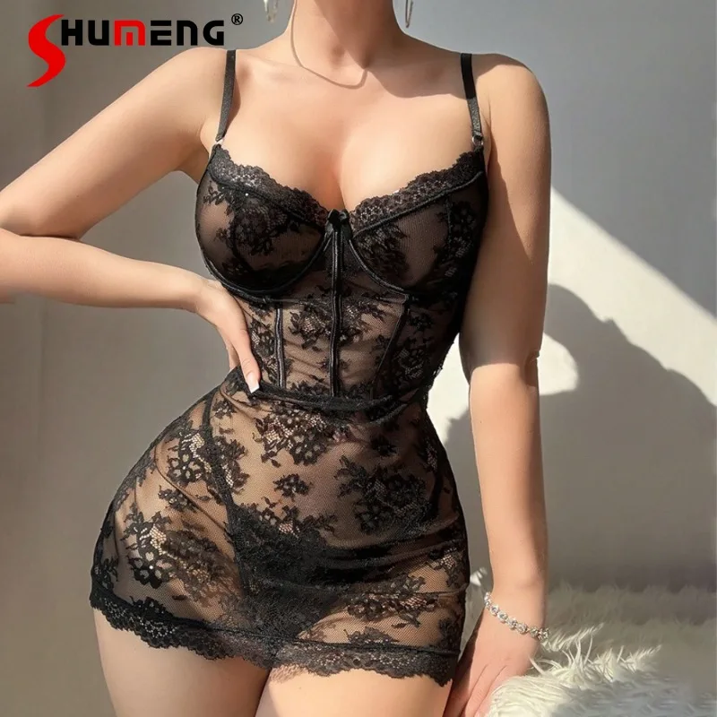 Camicia da notte aderente in pizzo nero per donna Camicie da notte dimagranti estive femminili in pizzo trasparente puro desiderio