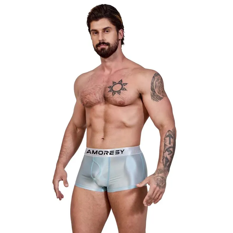 

AMORESY сексуальное глянцевое мужское нижнее белье, гладкие прозрачные шорты с плоскими углами, плавки, спортивные дышащие трусы-боксеры
