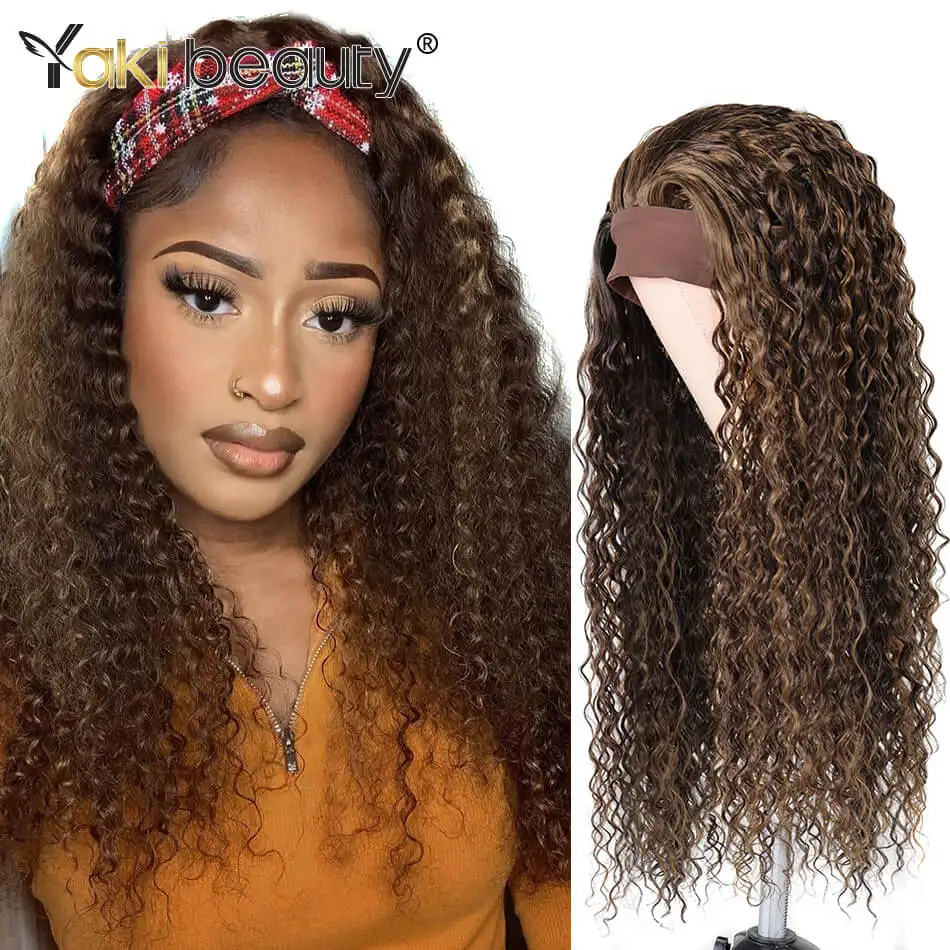 Synthetic Kinky Curly Headband Wigs for Black Women Long Deep Wave Wig With Headband Attached Afro Curly Organic Headband Wig