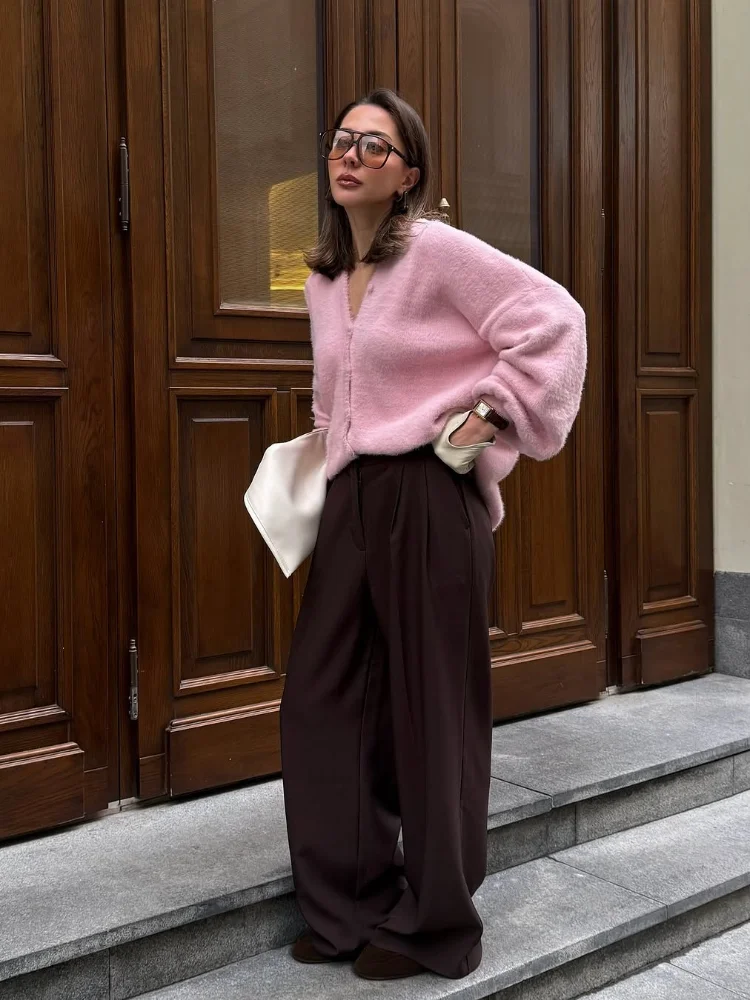 

Cute Pink V-neck Knitted Cardigan Women Casual Full Sleeve Single Breasted Loose Short Sweater Lady 2025 Daily Commute Cardigans