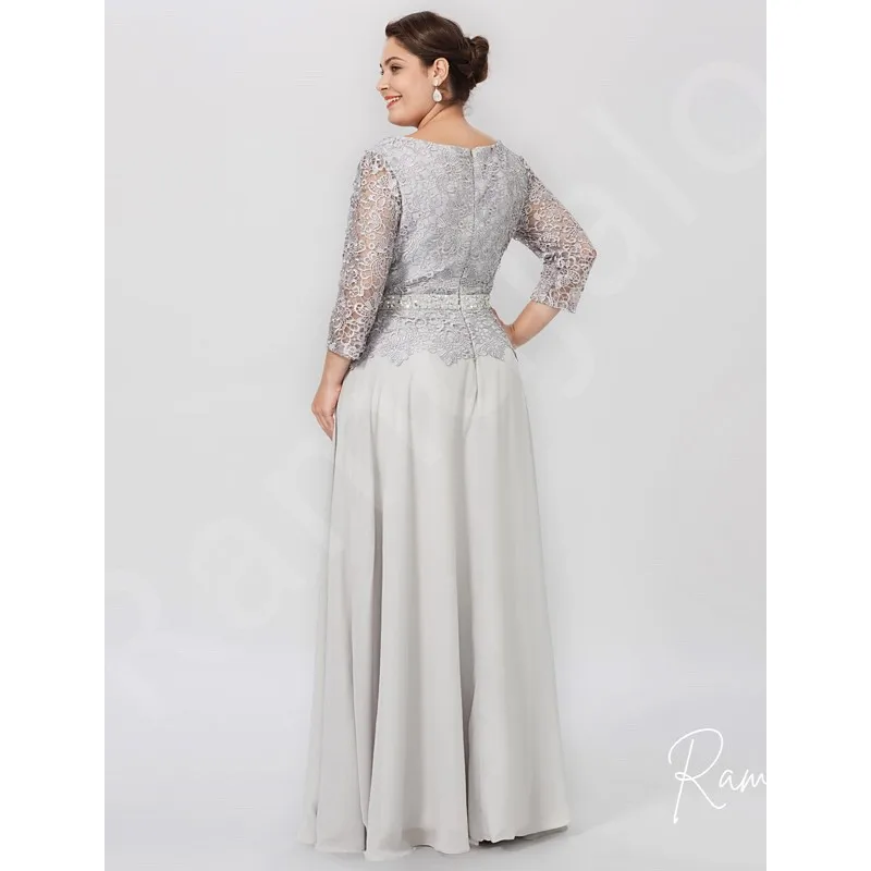 Customized Silver Grey Long Sleeve Floor-Length Dress with Lace Bodice Waistband Plus Size Mother of the Bride or Groom Dresses