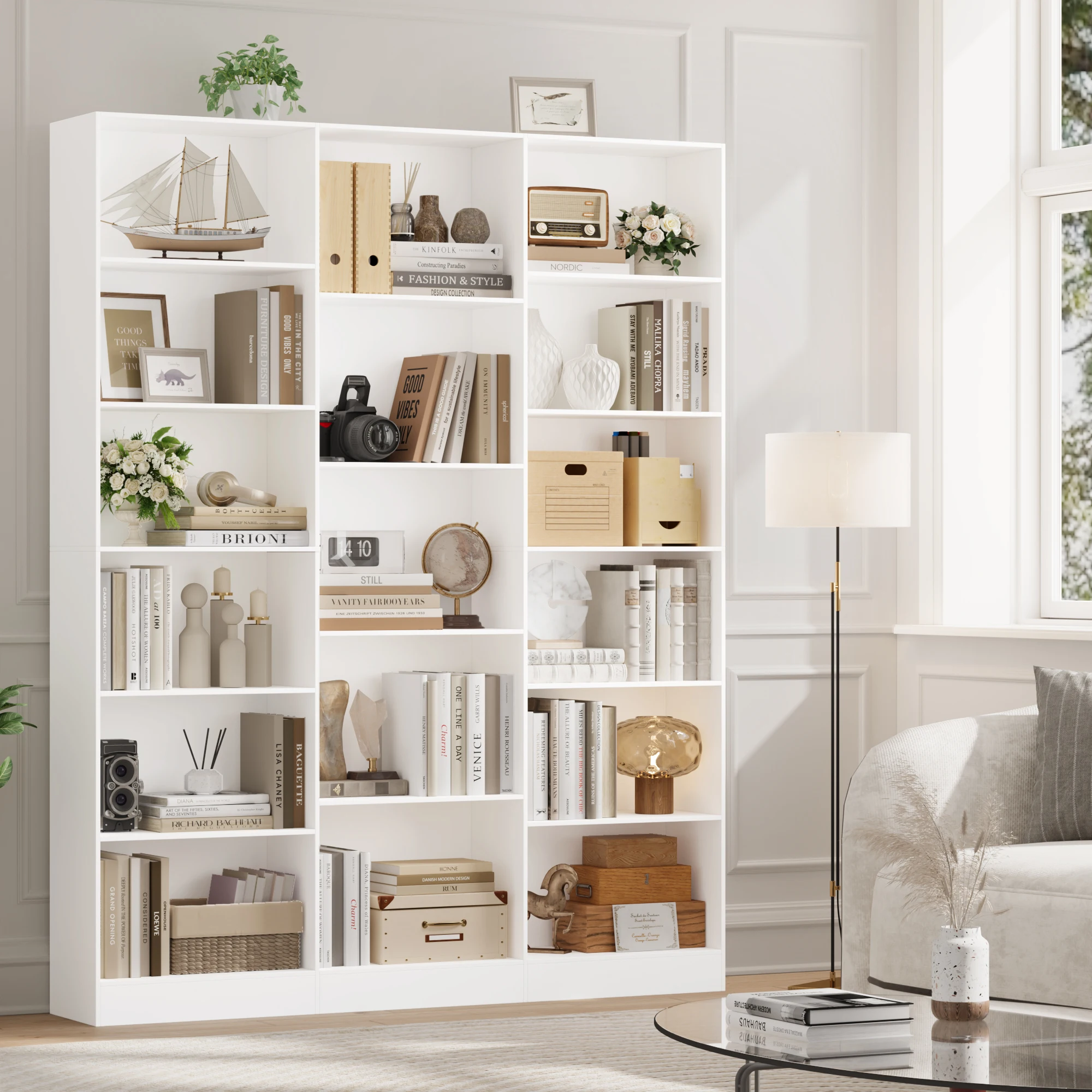 Getone Bibliothèque Étagère de Rangement 6 Niveaux Bibliotheque avec 17 Étagères Meuble de Rangement Bibliothèques pour Salon Bureau Chambre 149x23.5x188cm, Blanc/Noir/Chêne/Vert