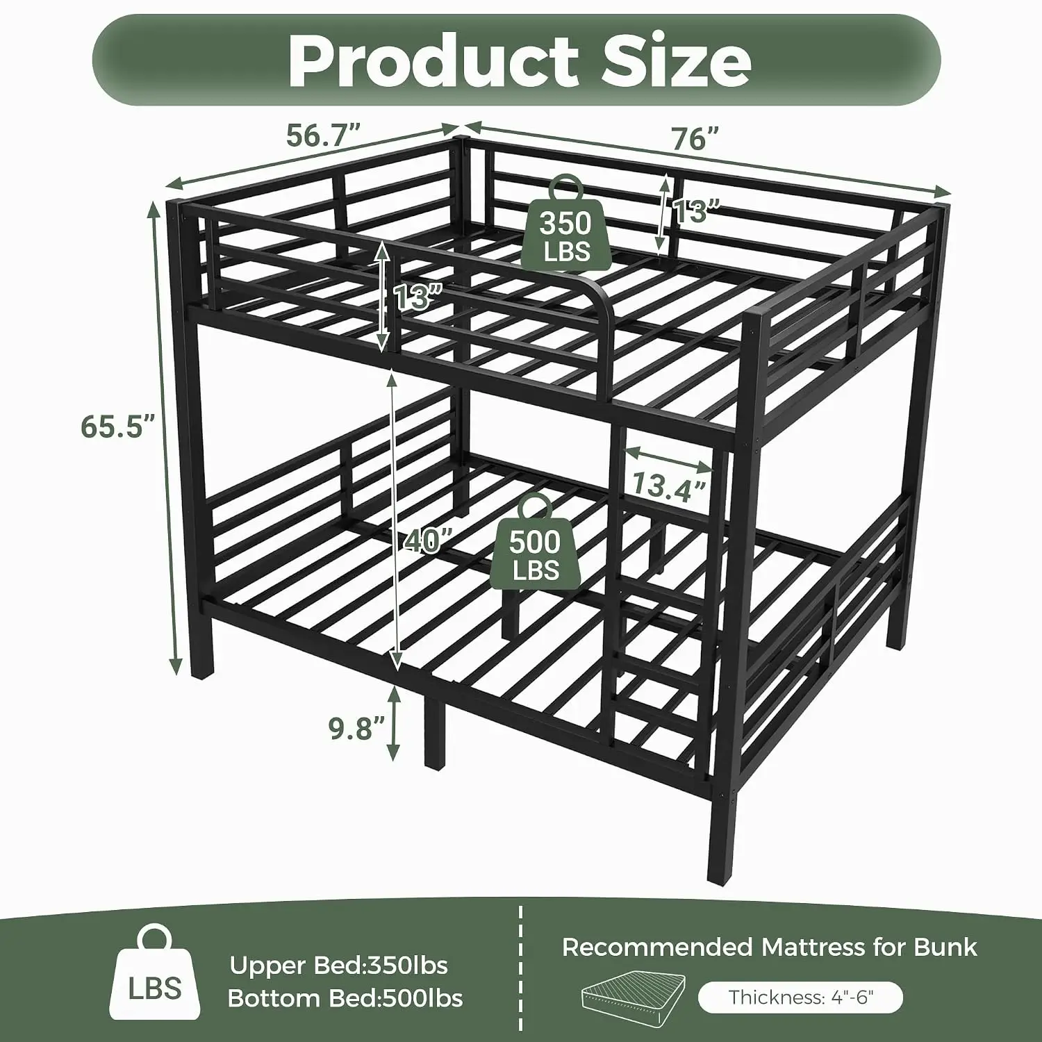 Metal Full Bunk Bed Heavy Duty Noise-Free With Ladder Guardrail For Bedroom Dorm Apartment No Box Spring Black, Customized