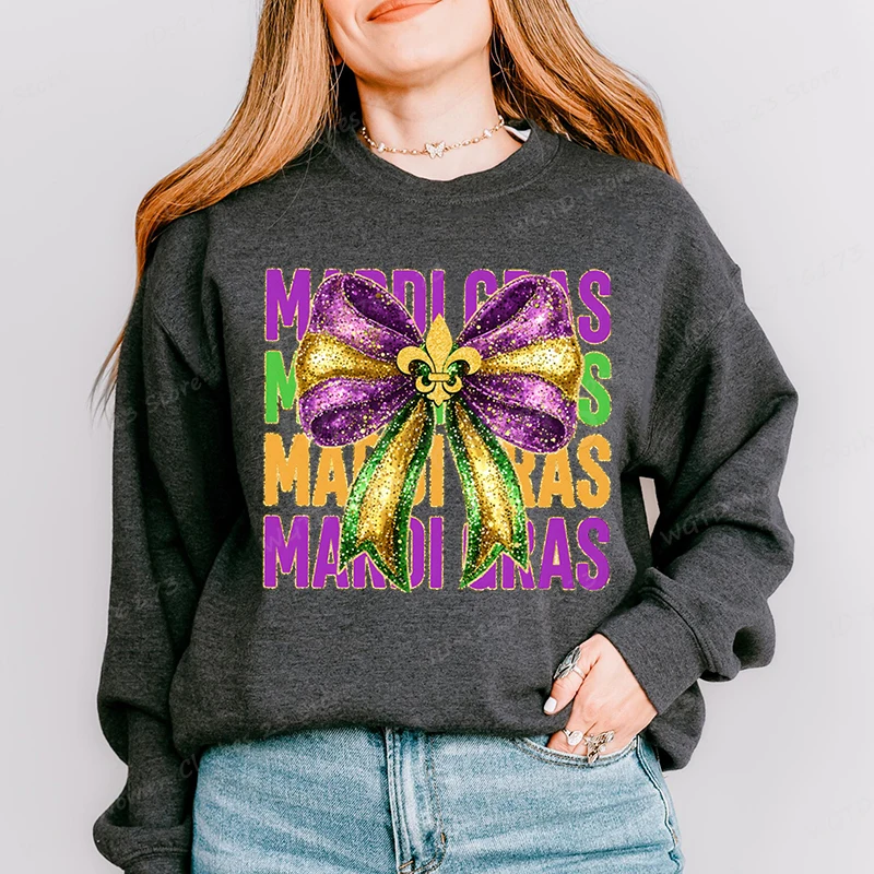 Bow Mardi Gras Print Graphic Sweatshirts Spring Autumn Winter Long Sleeves Round Neck Casual Pullovers Women Hoodless Sweatshirt