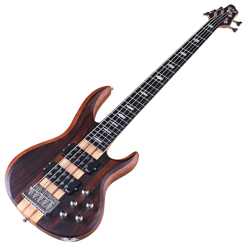 Active 5 String Neck Through Electric Bass Guitar 43 Inch Solid Okoume Body Natural Color Bass Guitar with Free Bag