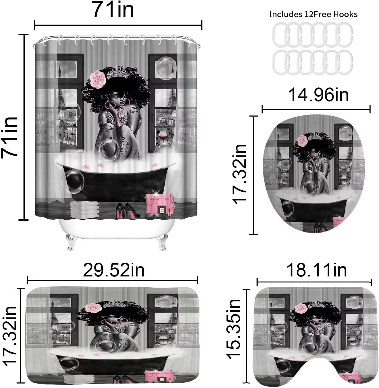 4 Pcs Afro Black Woman Shower Curtain Set Waterproof Fabric Bath Curtain Paris Non-Slip Bath Mat Toilet Lid Cover Decor