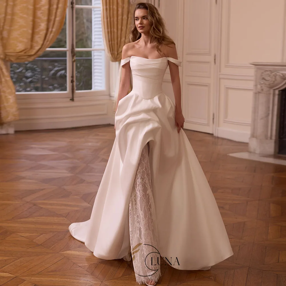 Luna Customized Lace Wedding Jumpsuit Off the Shoulder Satin and Lace 2in1 Bridal Gown A Line Long Bride's Dresses