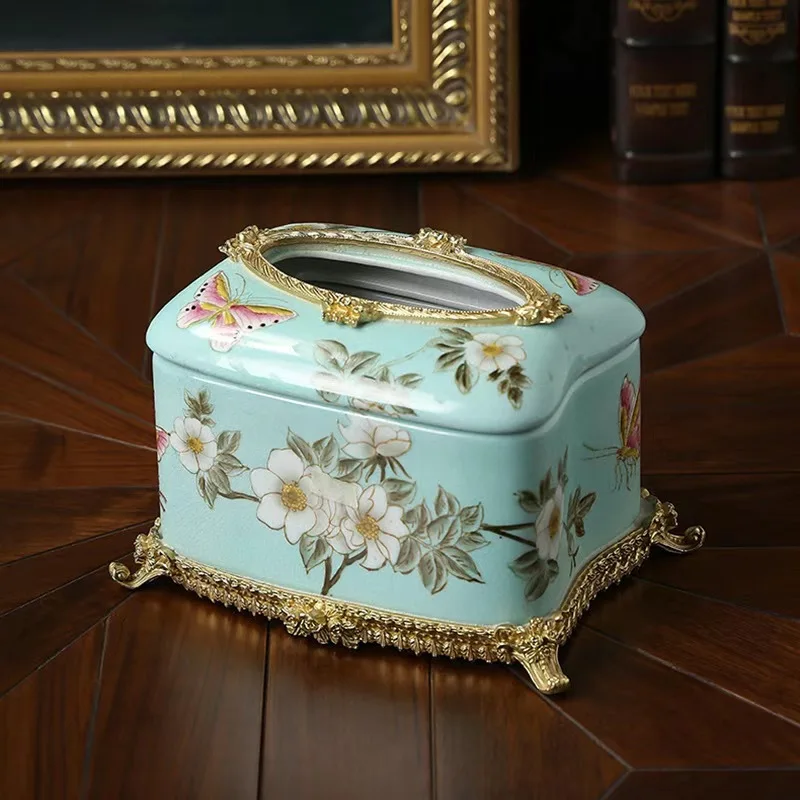 European living room light luxury tissue box ceramic inlaid copper household coffee table dining table pumping carton ornament