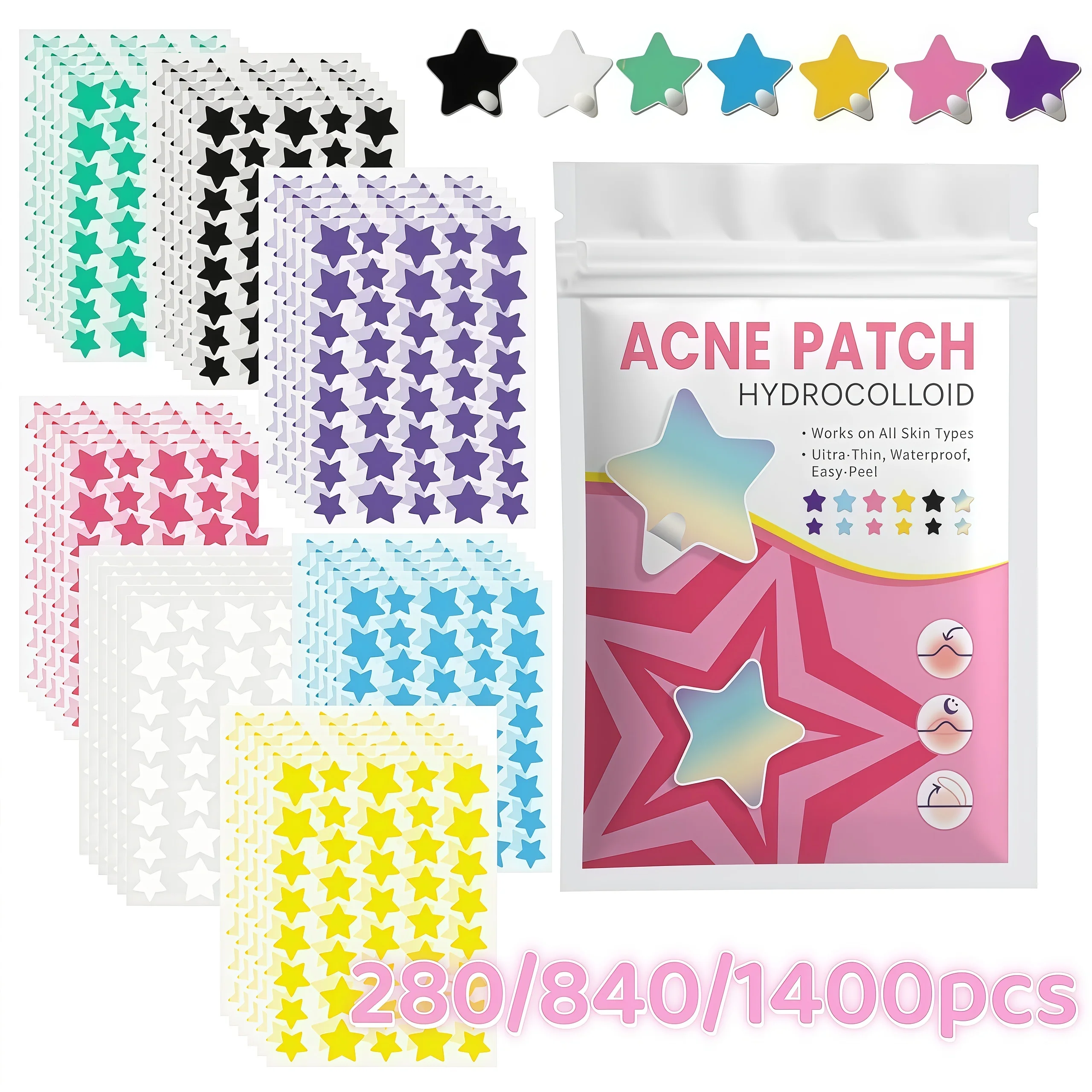 280/840/1400pcs Bright Star Acne Patches, Colorful Hydrocolloid Stickers, Skin-Friendly, Travel & Makeup Ready