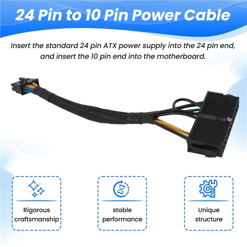 ABIJ-24 Pin To 10 Pin Adapter Cable ATX PSU Main Power Supply Cable Braided Sleeved Cable For Lenovo Motherboard