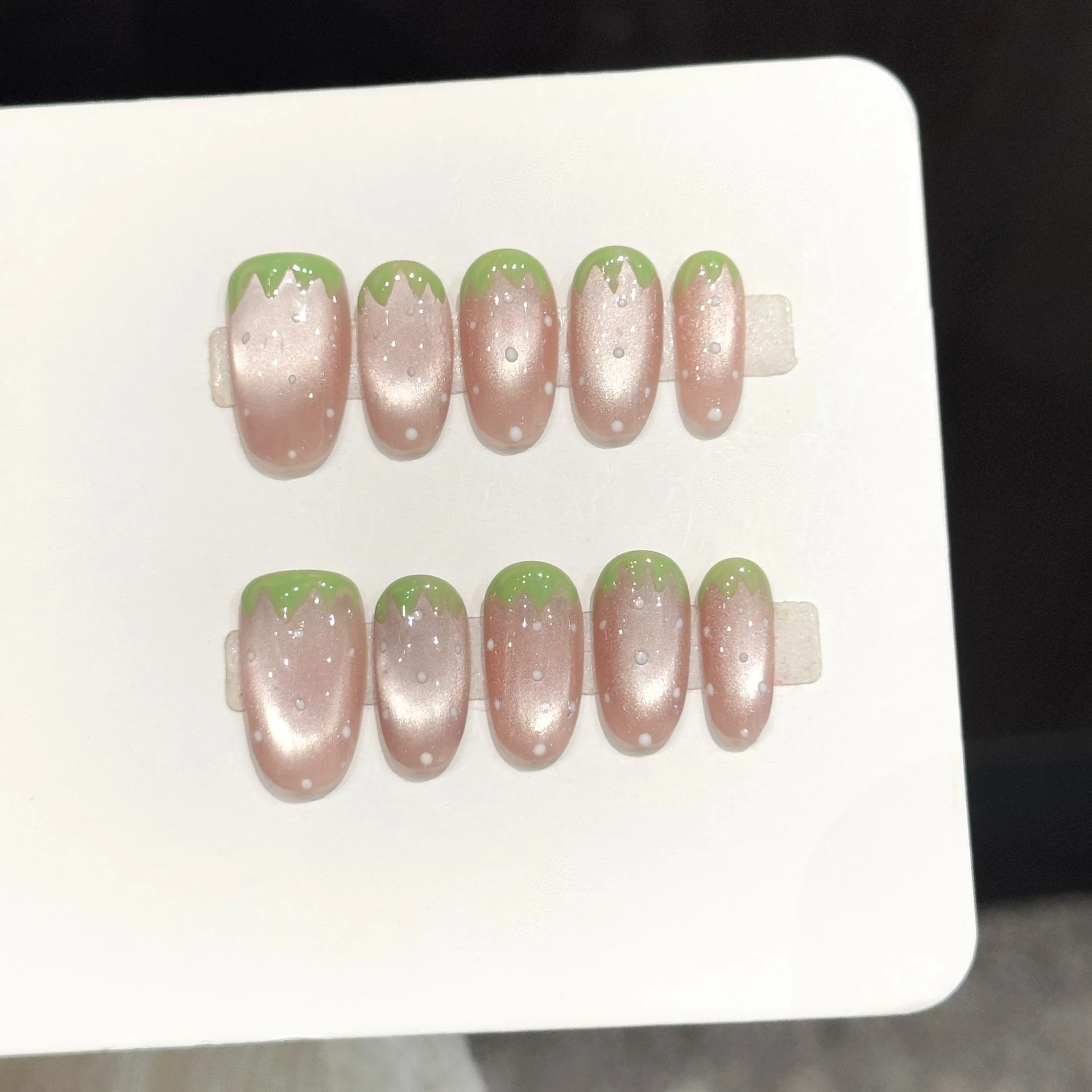 10PCS Handmade Press On Nails Green Pink Cat Eye Strawberry Dots Soft Design With 4-PIECE Tool Adhesive Nail Glue Tabs