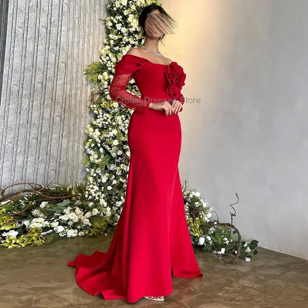 Red Jersey Mermaid Evening Dress 3D Flowers Elegant Off the Shoulder Saudi Arbia Prom Gowns Floor Length Formal Occasion Dress