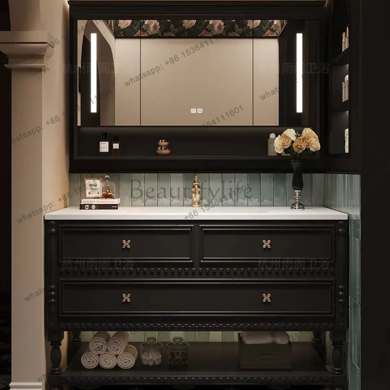 YJ Retro French Bathroom Cabinet Black Solid Wood Vanity Marble Countertop Drawer Storage & Decorative Floral Top Trim LED Mirro