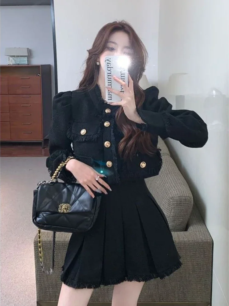 Insozkdg Elegant Skirt Two-piece Suit Autumn Winter Streetwear French Celebrity Short Blazer Coat + High Waist  2pcs Set