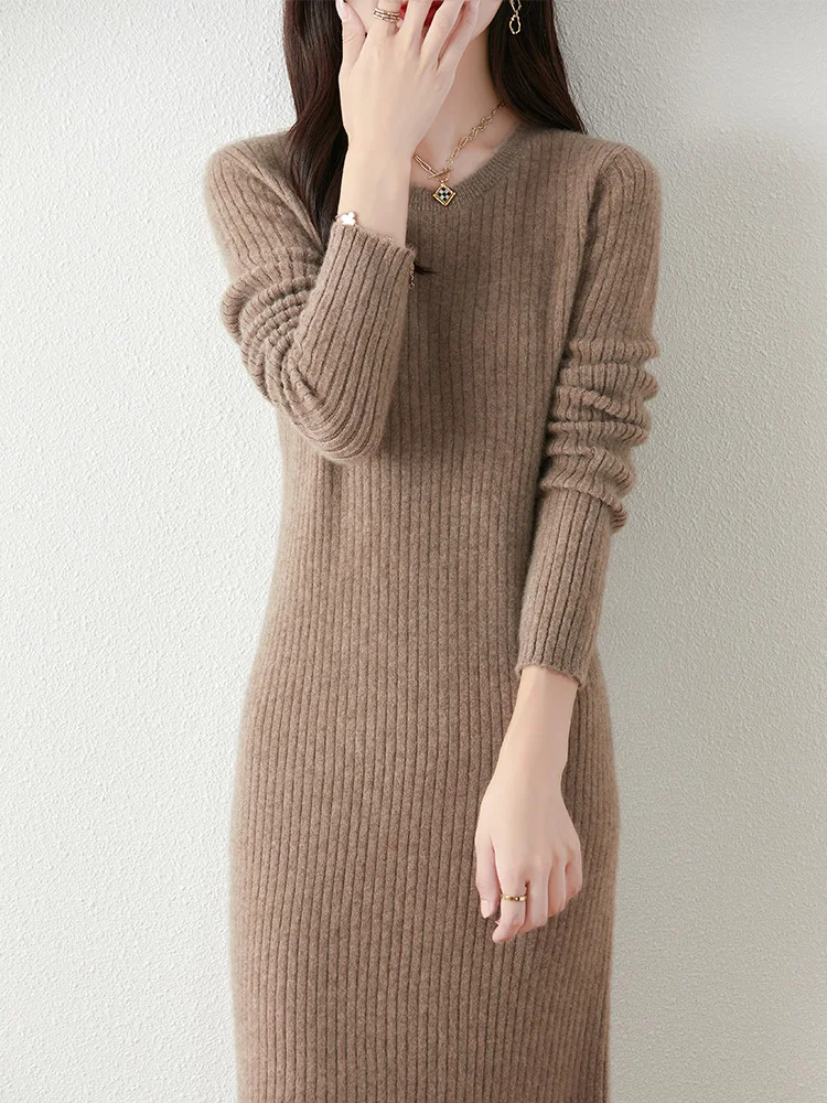 Aliselect 100% Merino Wool Knitwear Women's Dresses O-neck Pullover Autumn Winter Long Sleeve Slim Cashmere Long Sweater Skirts