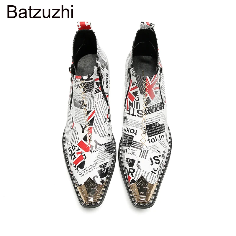 Batzuzhi Botas de diseñador para hombre, zapatos con punta de hierro, botines de cuero para hombre, tacones altos de 6,5 cm, botas de moda para fiesta y boda