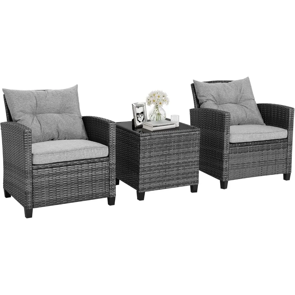 

HAPPYGRILL 3 Pieces Patio Conversation Set, Outdoor Furniture Set PE Rattan Sofa Set with Removable Cushions, PE Wicker Chairs w